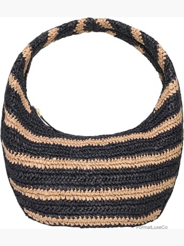 Oval Hobo Circle Handbag Striped Raffia Zipper Closure Fully Lined